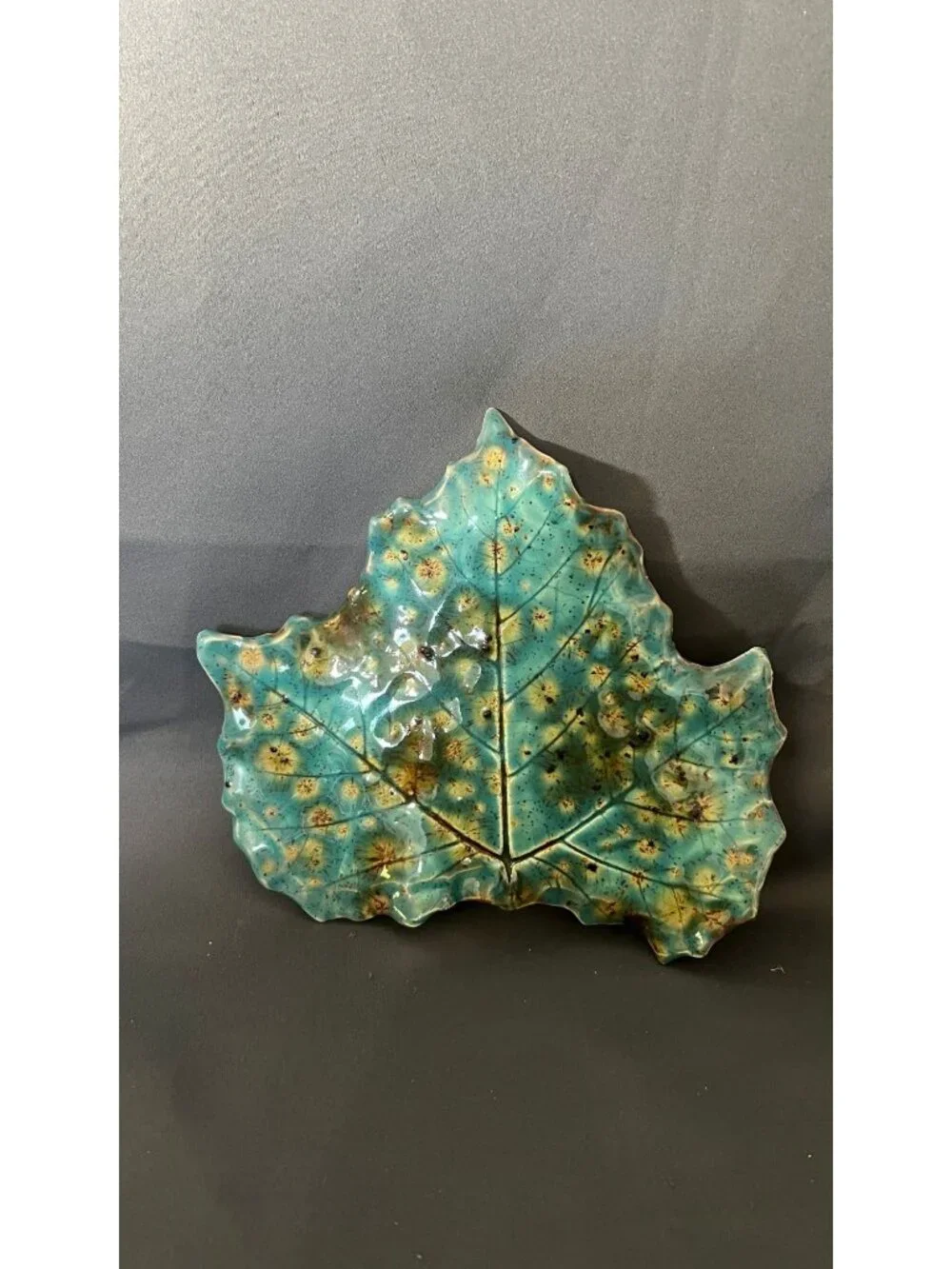 Handcrafted Ceramic Leaf-Shaped Decorative Plate Turquoise & Brown